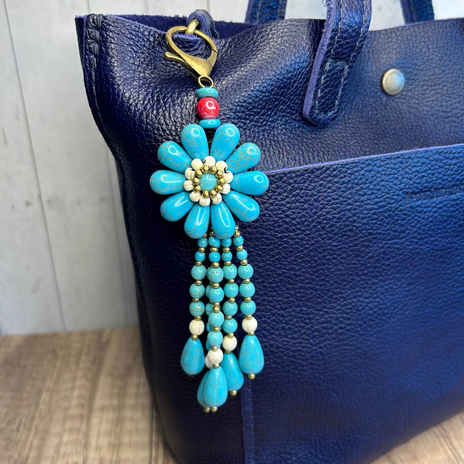Beaded Flower Bag Charm New! Blue Flower Purse Charm Keychain Spring Accessories
